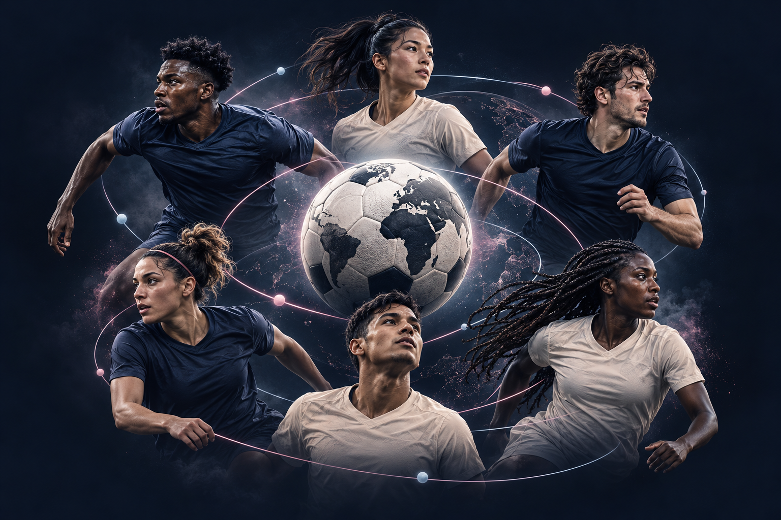 Original AI illustration of six fictional footballers around a football globe